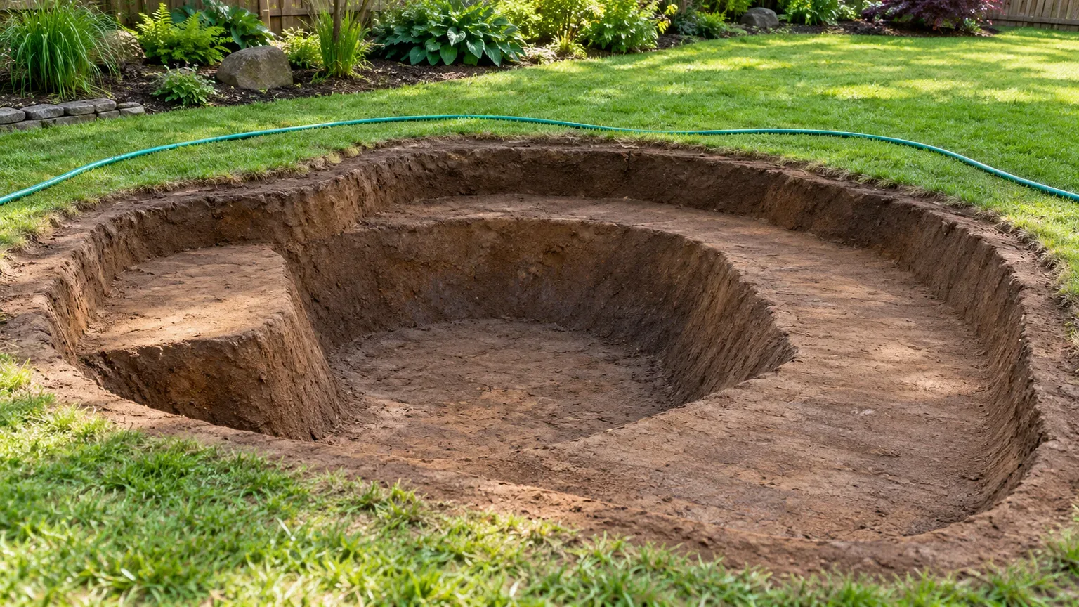 A freshly excavated backyard pond basin with a deep center, broad plant shelf, and sloped wildlife beach.