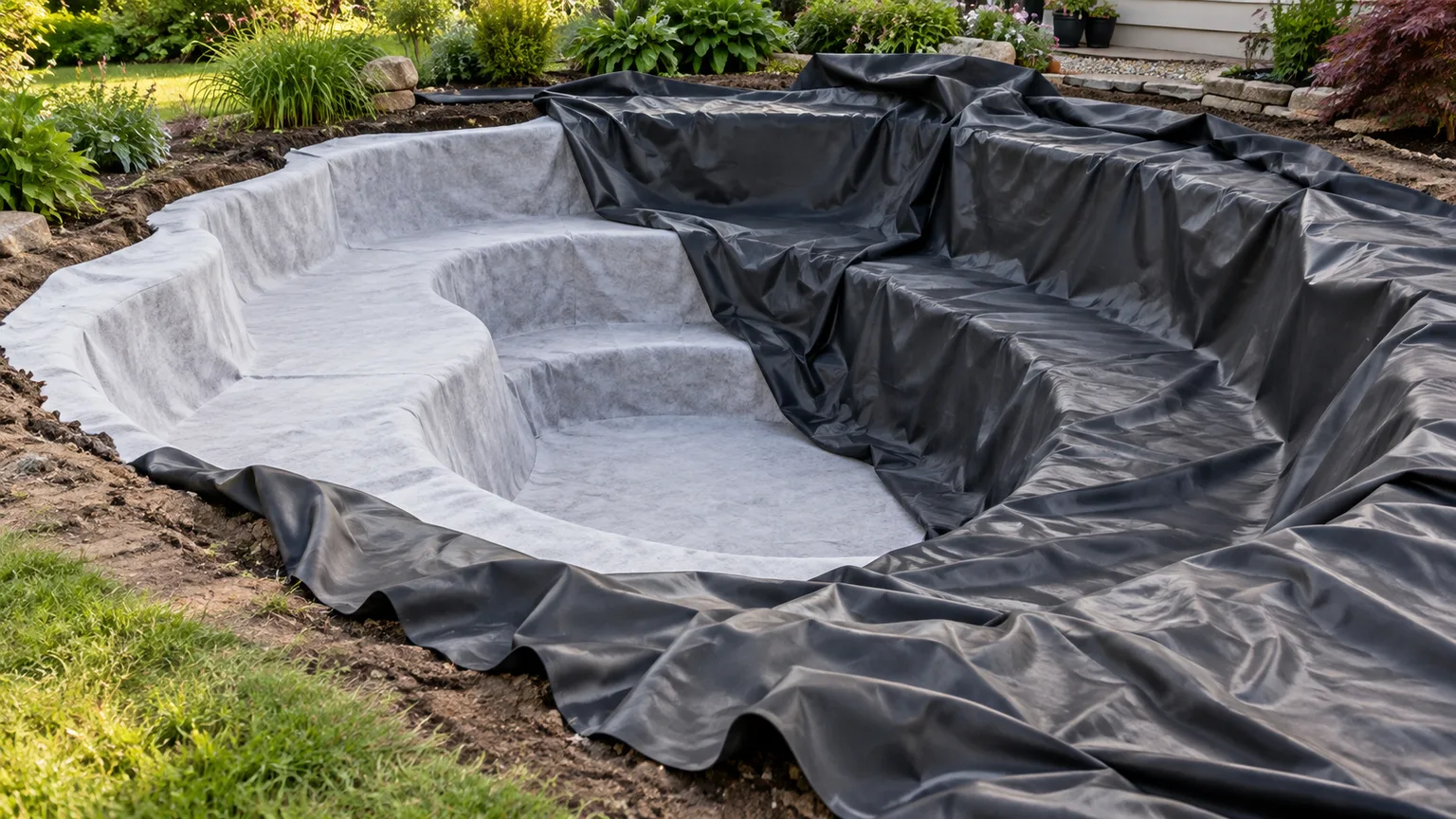 Geotextile underlayment and a flexible pond liner draped in loose folds over a shaped pond basin.