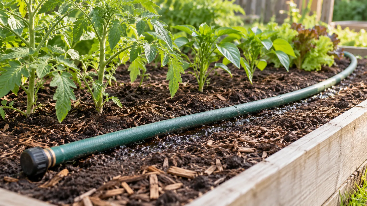 A garden hose laid beside a vegetable bed for gentle root-zone watering