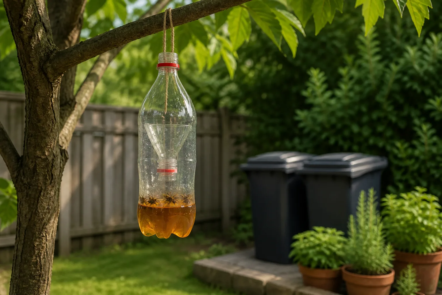 Suburban patio with sealed trash bins, potted herbs, and a homemade bottle wasp trap hanging at the yard edge away from seating
