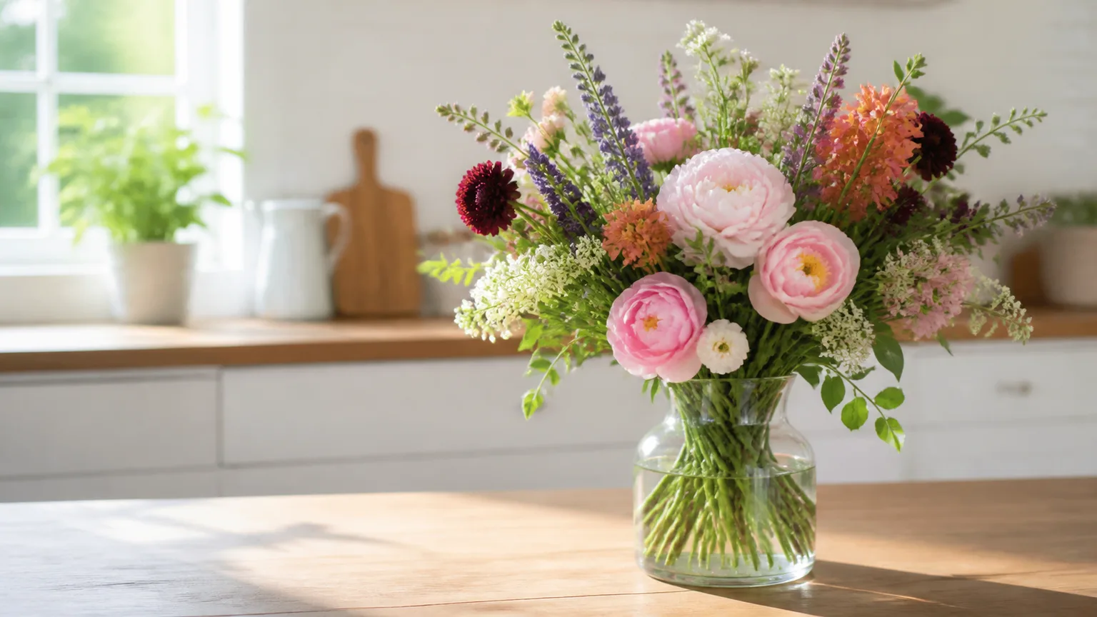 Fresh mixed bouquet in a clear vase on a bright kitchen table