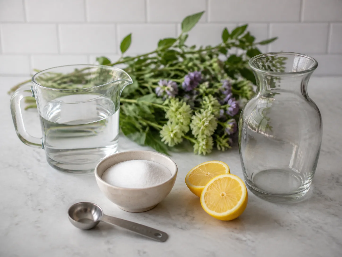 Measured water, sugar, lemon, pitcher, and clean vase arranged for homemade flower food