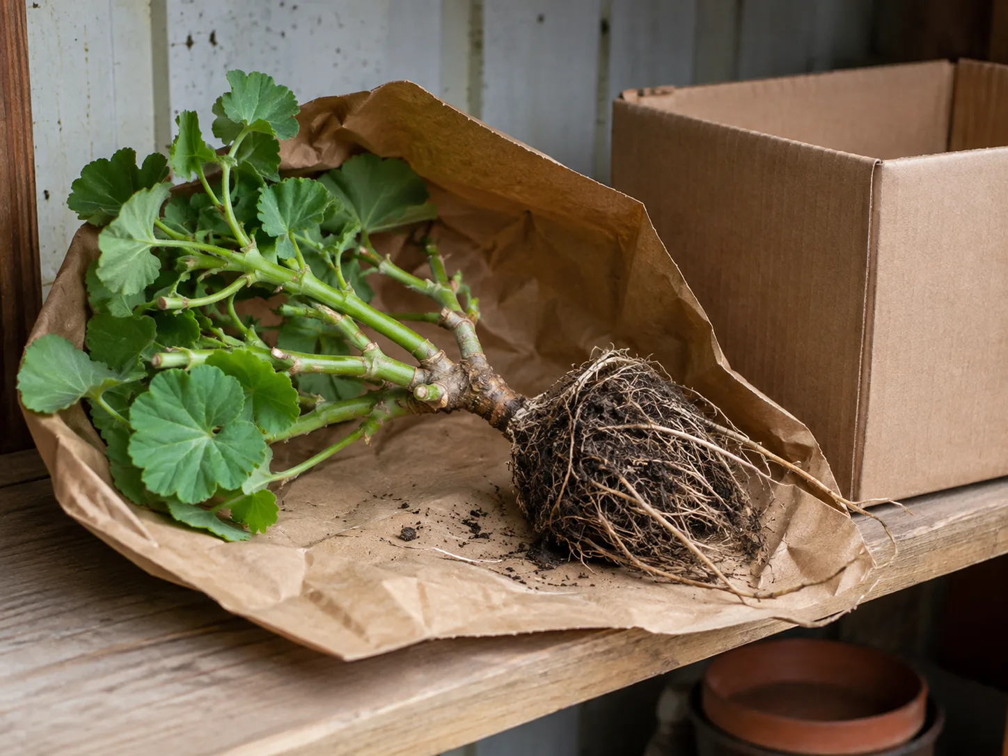 A freshly lifted geranium with exposed roots ready for cool, frost-free storage