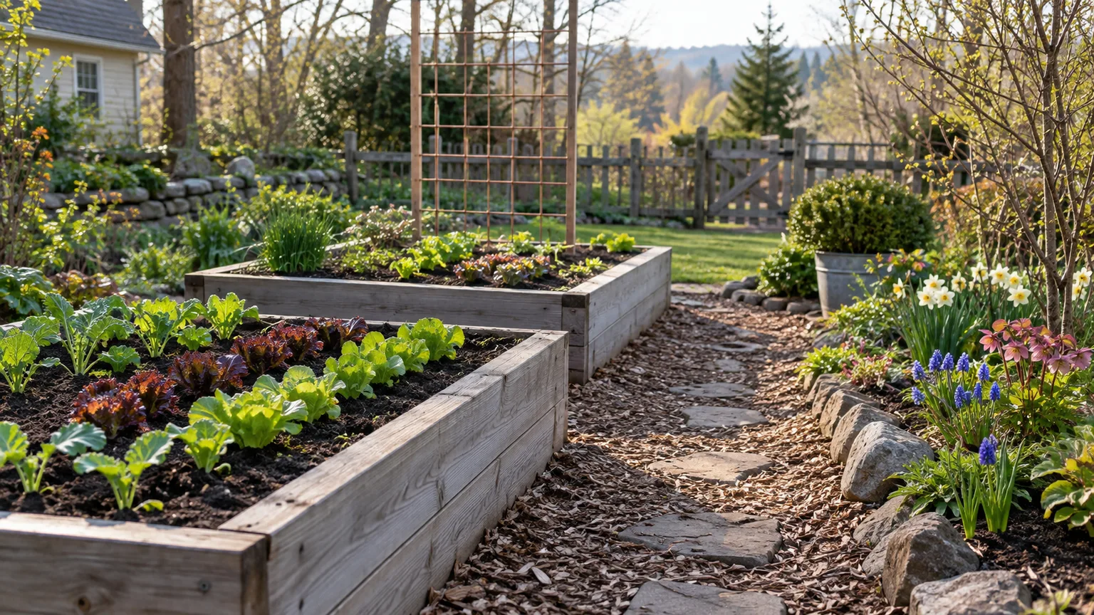 Early spring vegetable beds and flower border arranged along a garden path