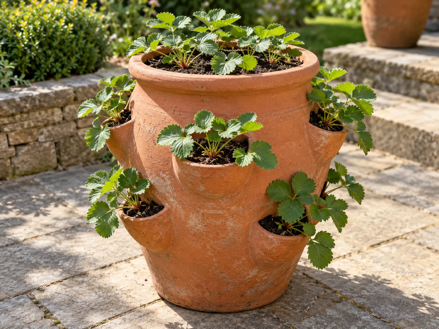 New strawberry plants set one per side pocket in a terracotta jar, with the crowns visible at the soil line.
