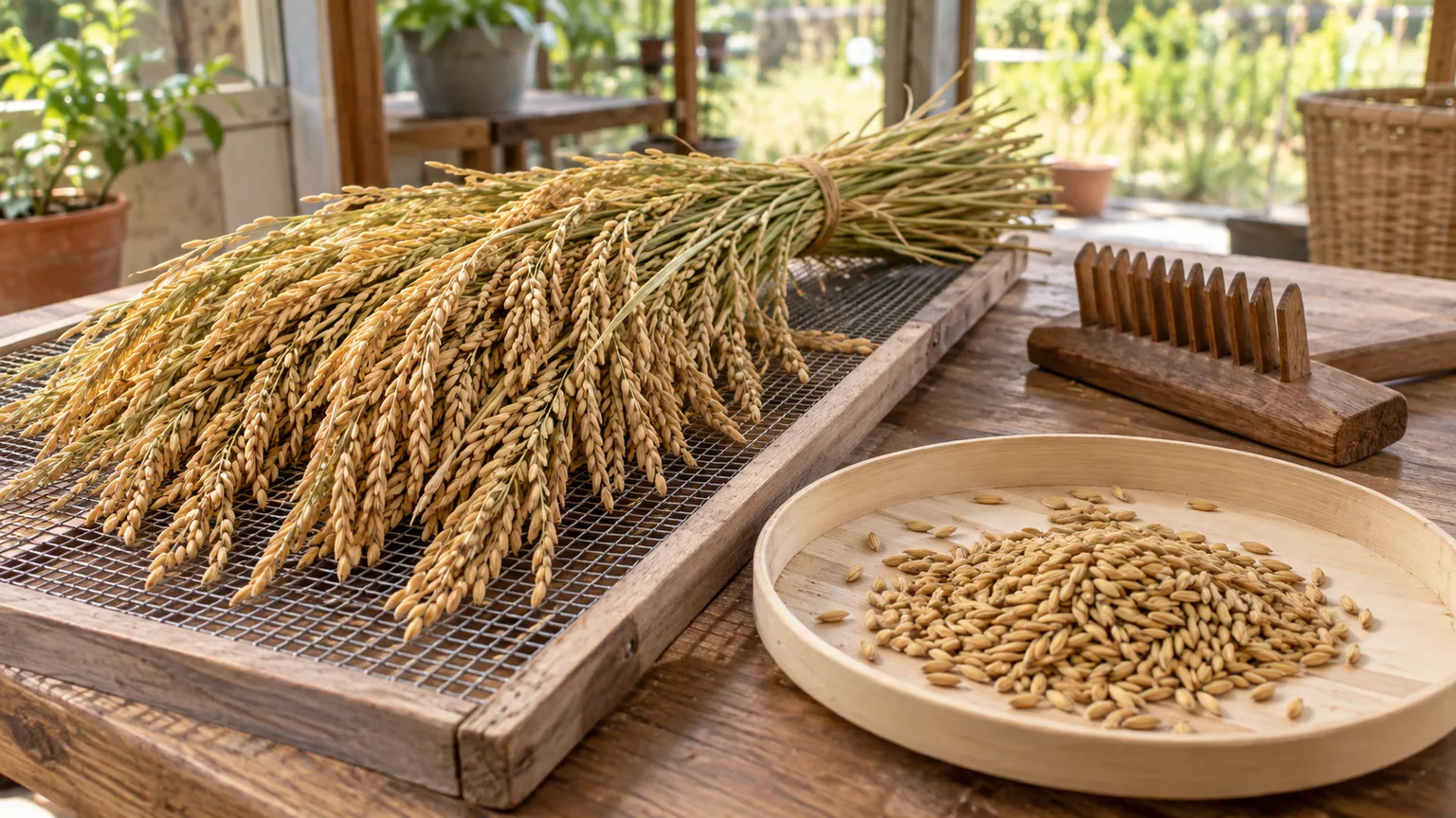 Harvested rice panicles air-drying on a mesh tray beside a bowl of paddy grain.