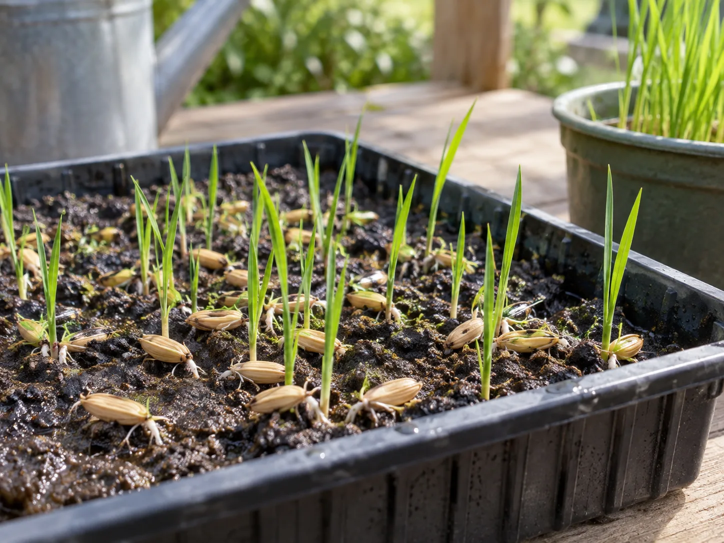 Hull-on rice seeds germinating in a moist seed-starting tray.
