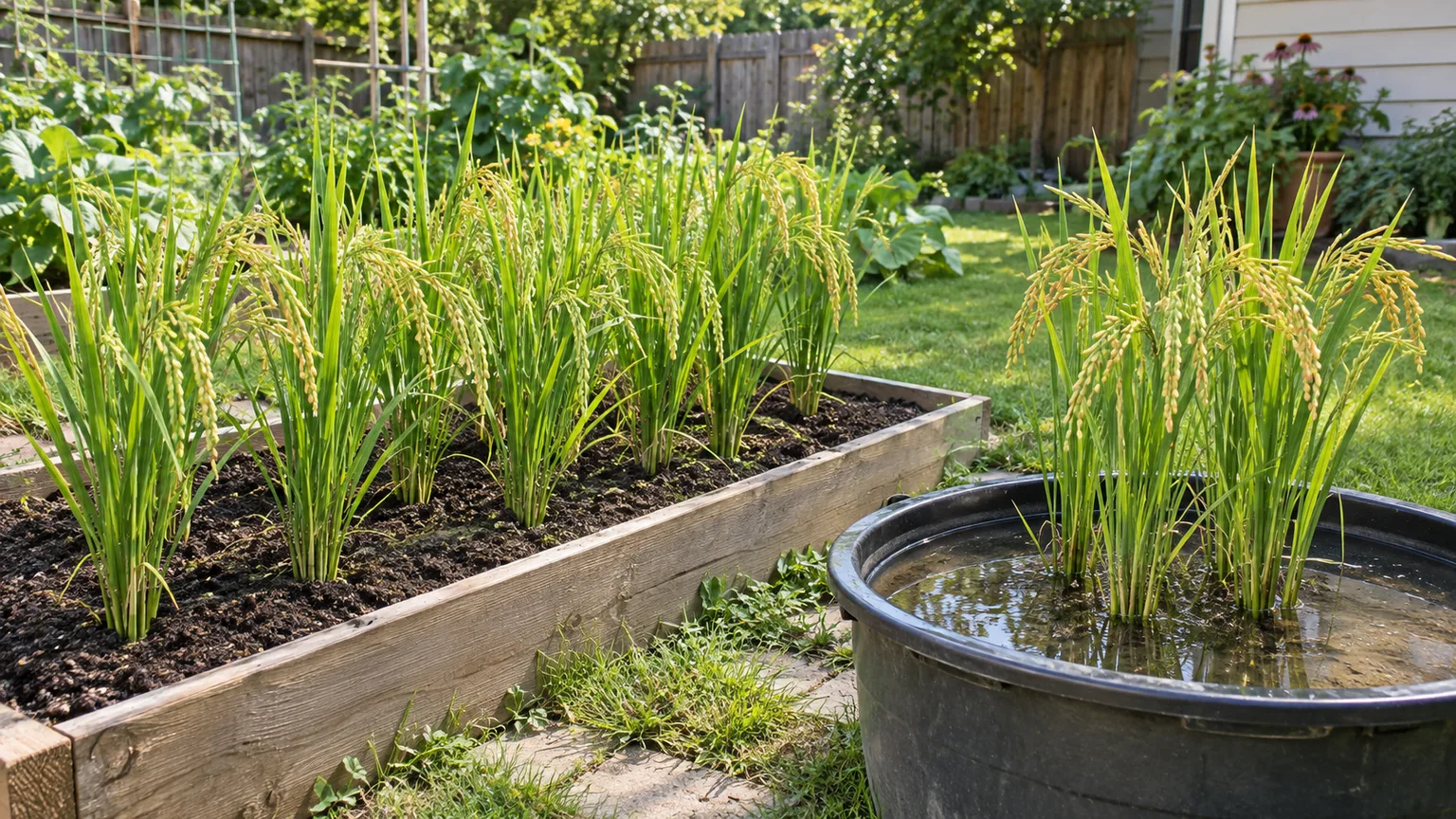 Upland rice in a raised bed beside lowland rice in a shallow, water-filled container.