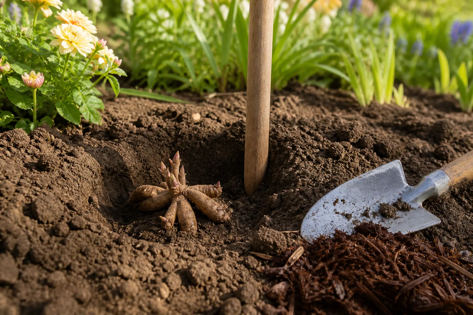 Dahlia tuber set eye-up in a prepared spring garden bed beside a wooden stake
