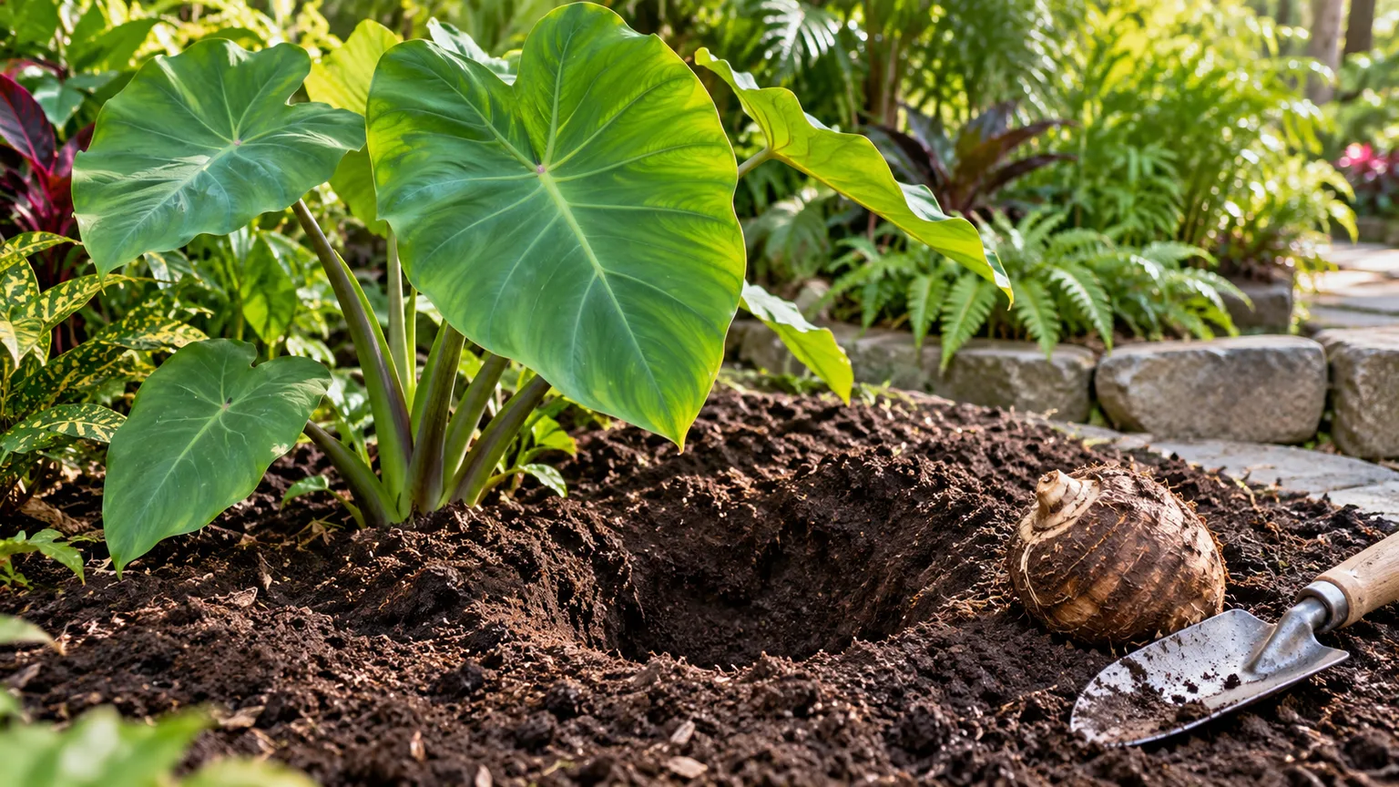 A Colocasia elephant ear, corm, and planting hole in a prepared garden bed.