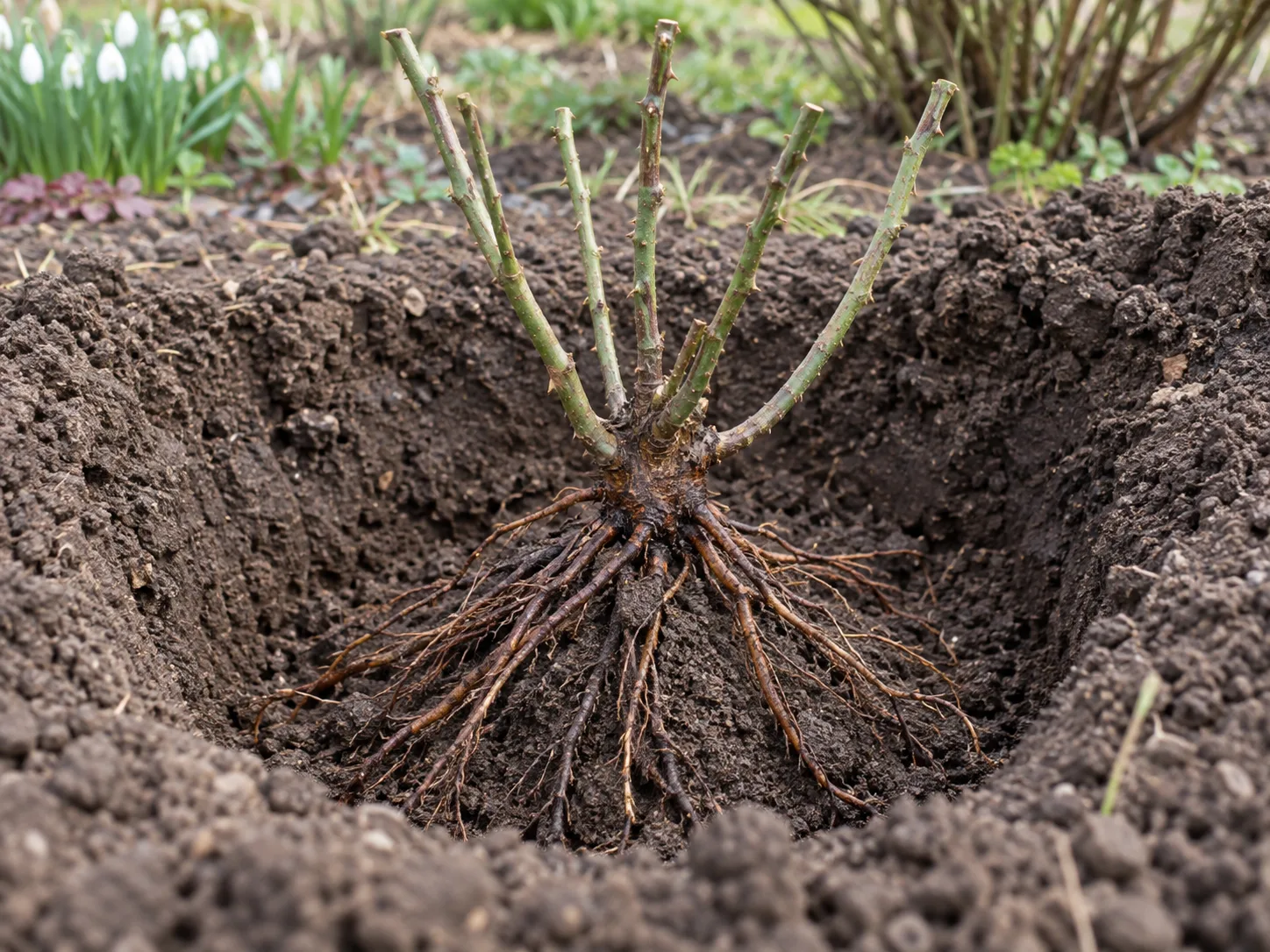 Dormant bare-root rose positioned over a low soil mound with roots fanned naturally into a planting hole
