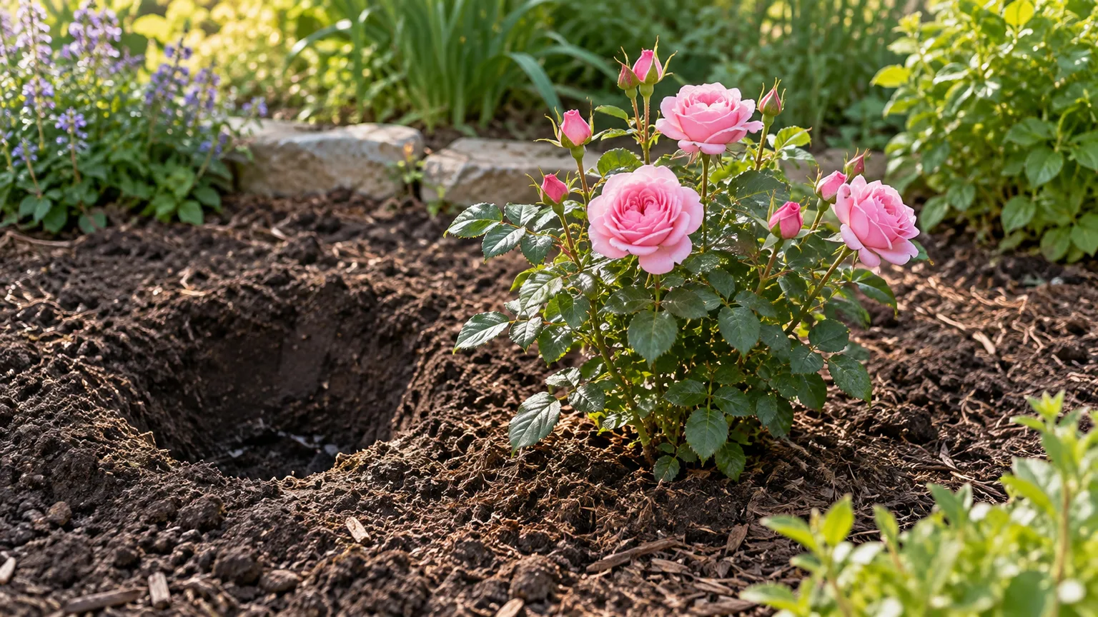 Young pink shrub rose planted in a sunny outdoor garden bed