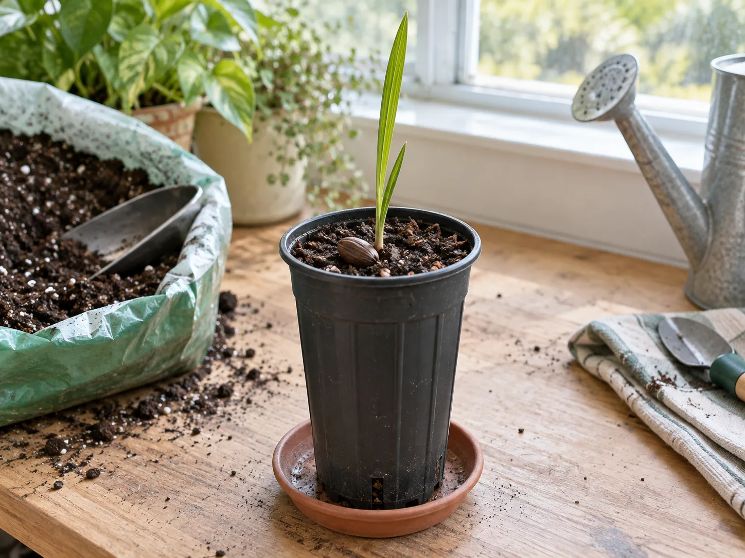 A young date palm seedling growing in a small container