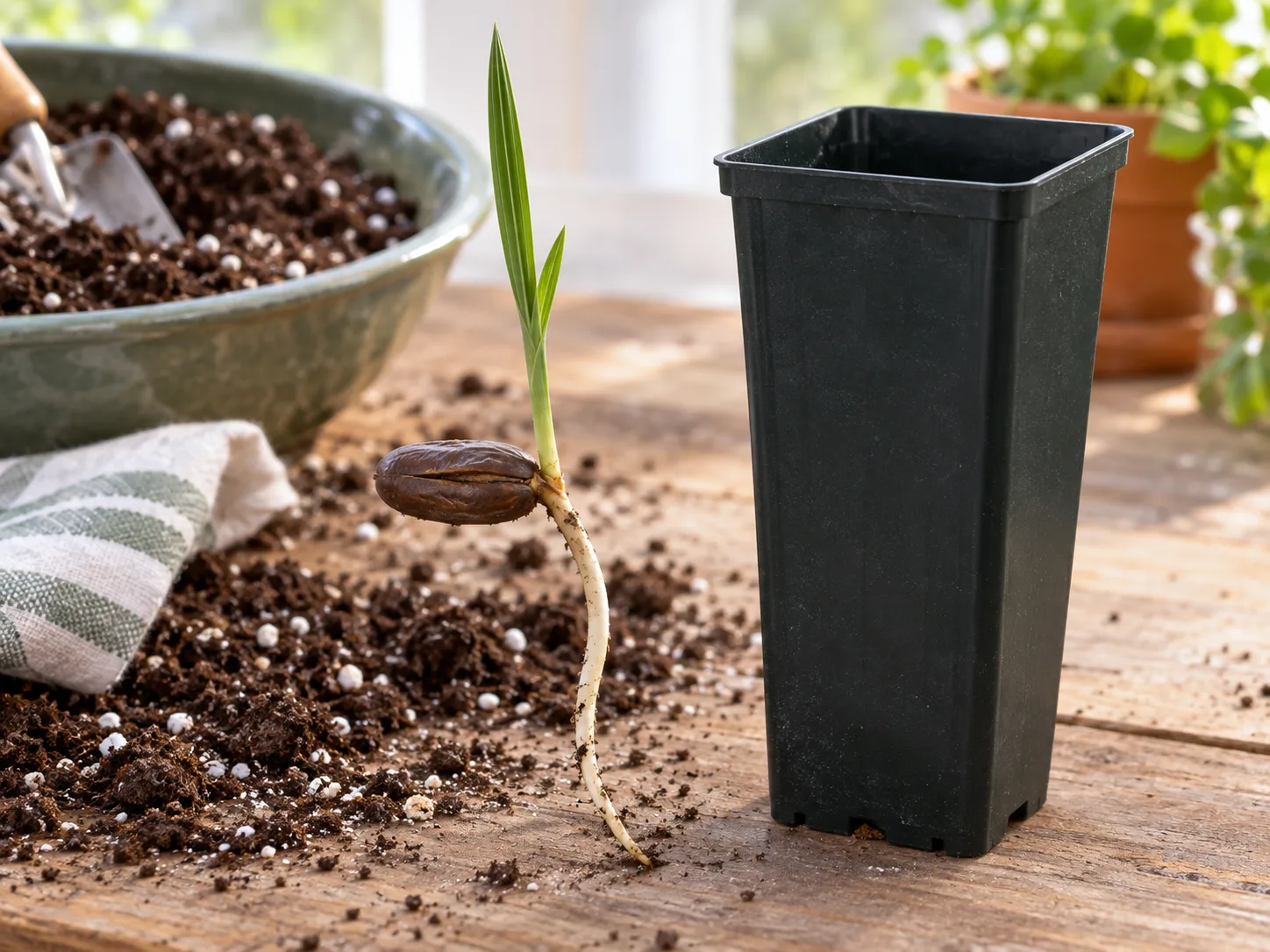 A germinated date seedling showing its sprout and emerging root