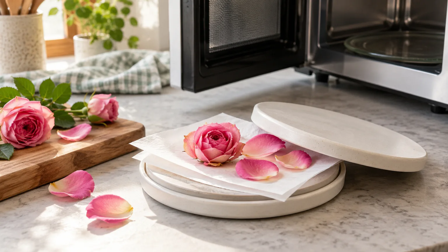 A microwave-safe rose press rests beside an open microwave, with separated rose petals between clean paper layers