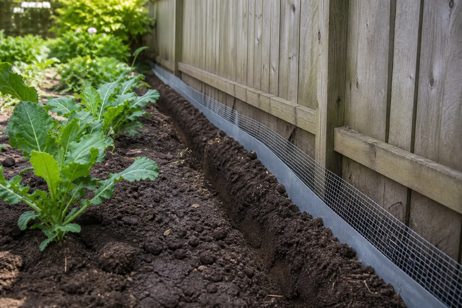 L-shaped hardware cloth barrier buried along a fence line beside a garden bed