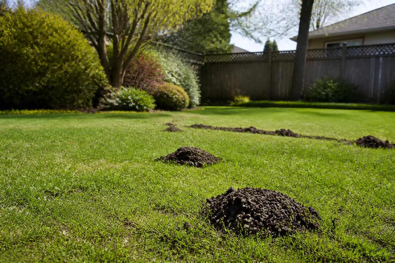 Suburban lawn with fresh molehills and raised tunnel ridges crossing green turf