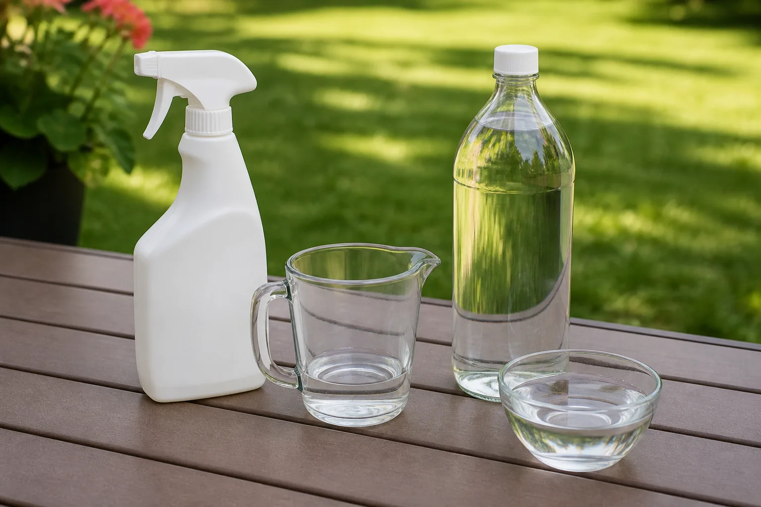 White vinegar, water, and spray bottle arranged for mixing a yard mole deterrent