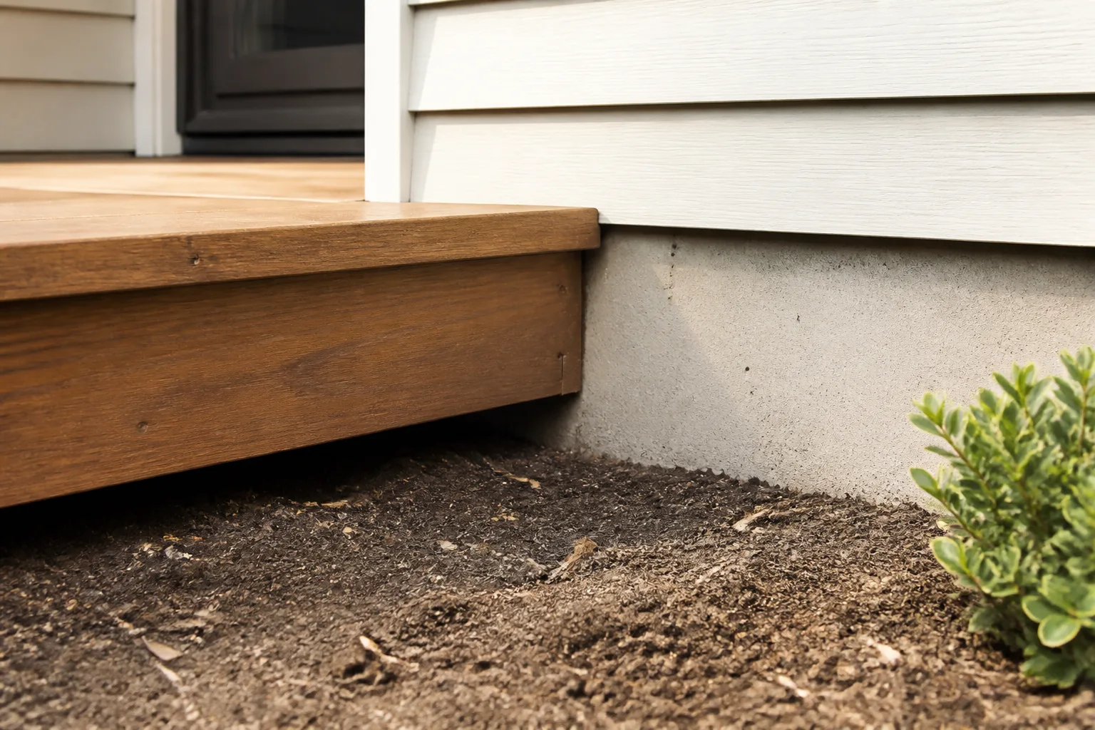 Wood step raised above soil with visible foundation clearance