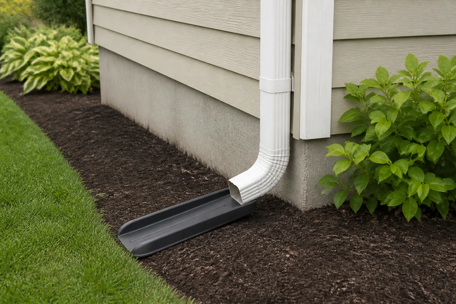 Downspout extension directing roof water away from a house foundation