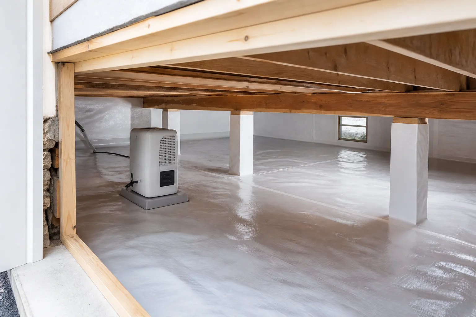 Crawl-space framing above a clean vapor barrier with a dehumidifier for moisture control