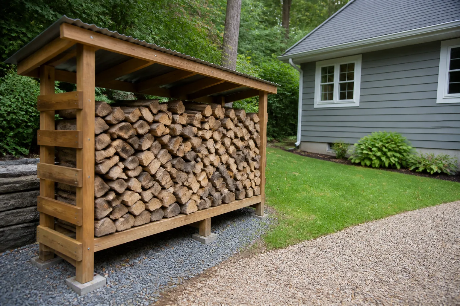 Firewood stacked on a rack away from the house foundation