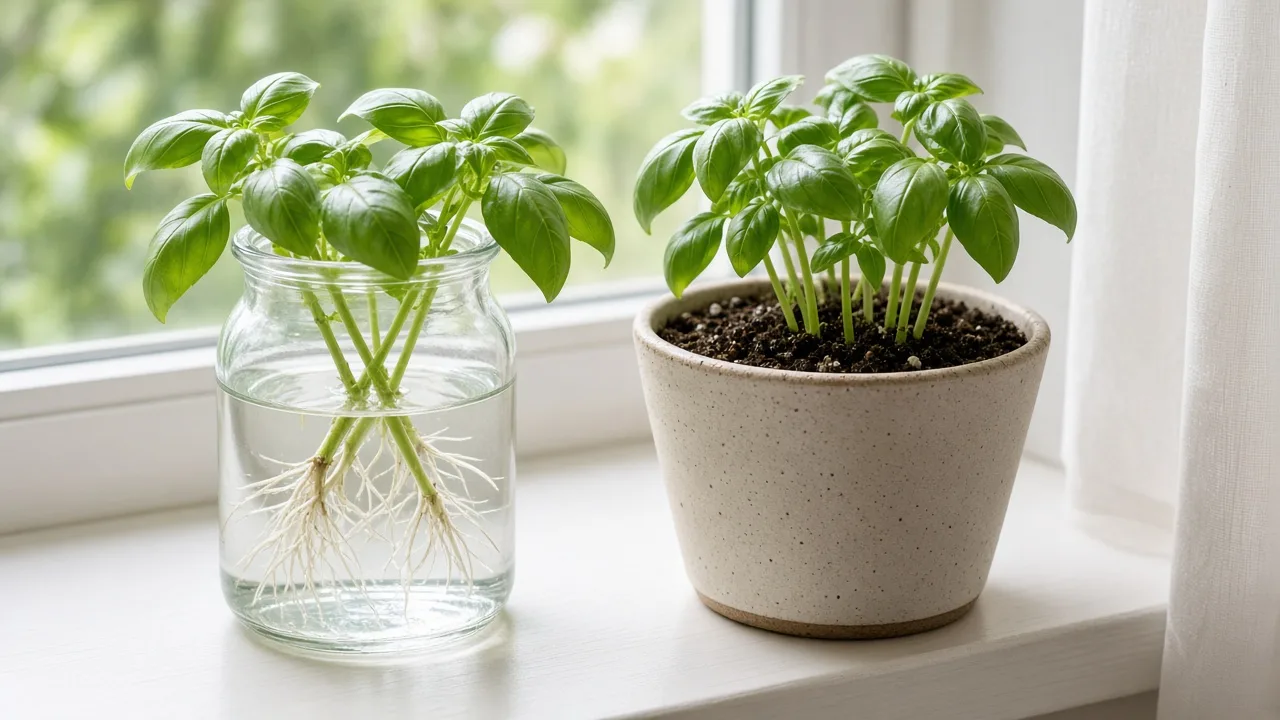 Basil propagation choices shown side by side: water jar, soil pot, and prepared stem cutting