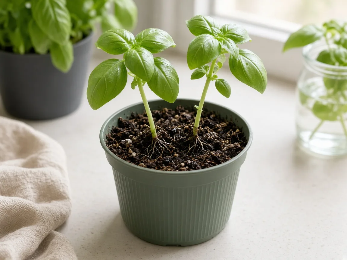 Prepared basil stem cuttings inserted into moist propagation mix in a small pot