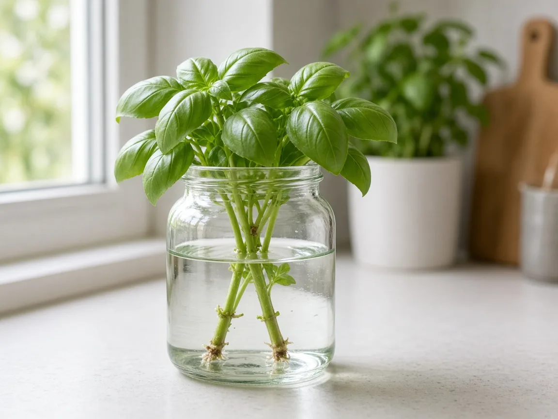 Healthy basil beside a clear jar with a fresh stem cutting ready to root