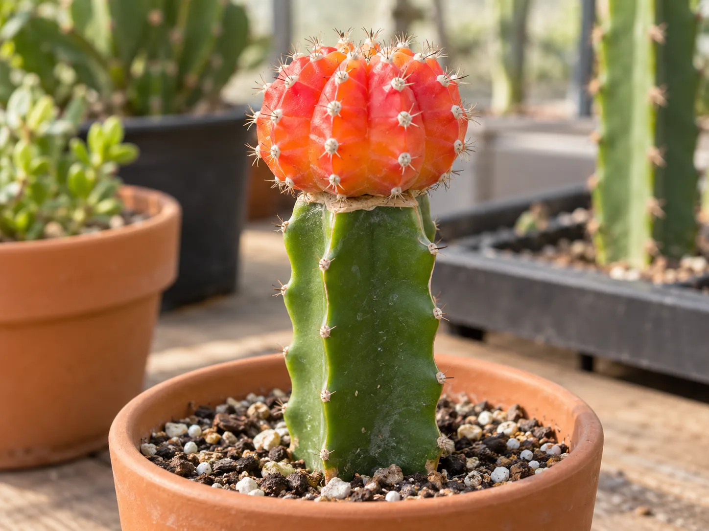 A colorful grafted cactus scion growing atop a green rootstock