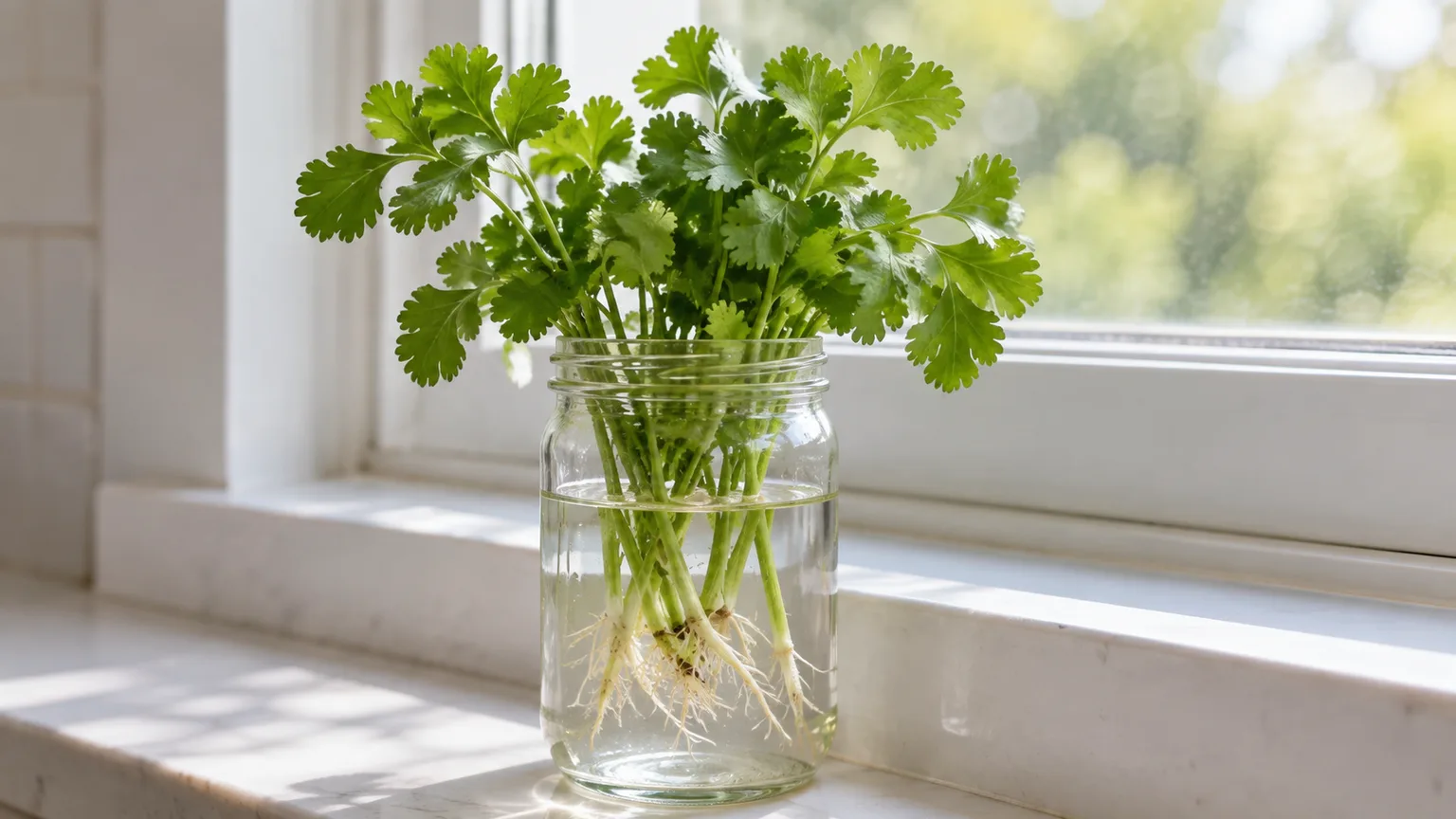 Fresh cilantro stems with roots developing in a clear water jar on a bright windowsill