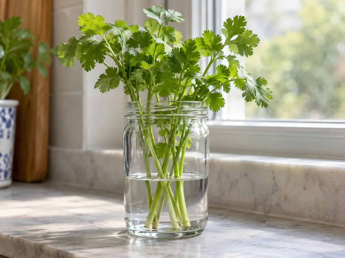 Cilantro stems standing in a clear jar with their lower ends in water