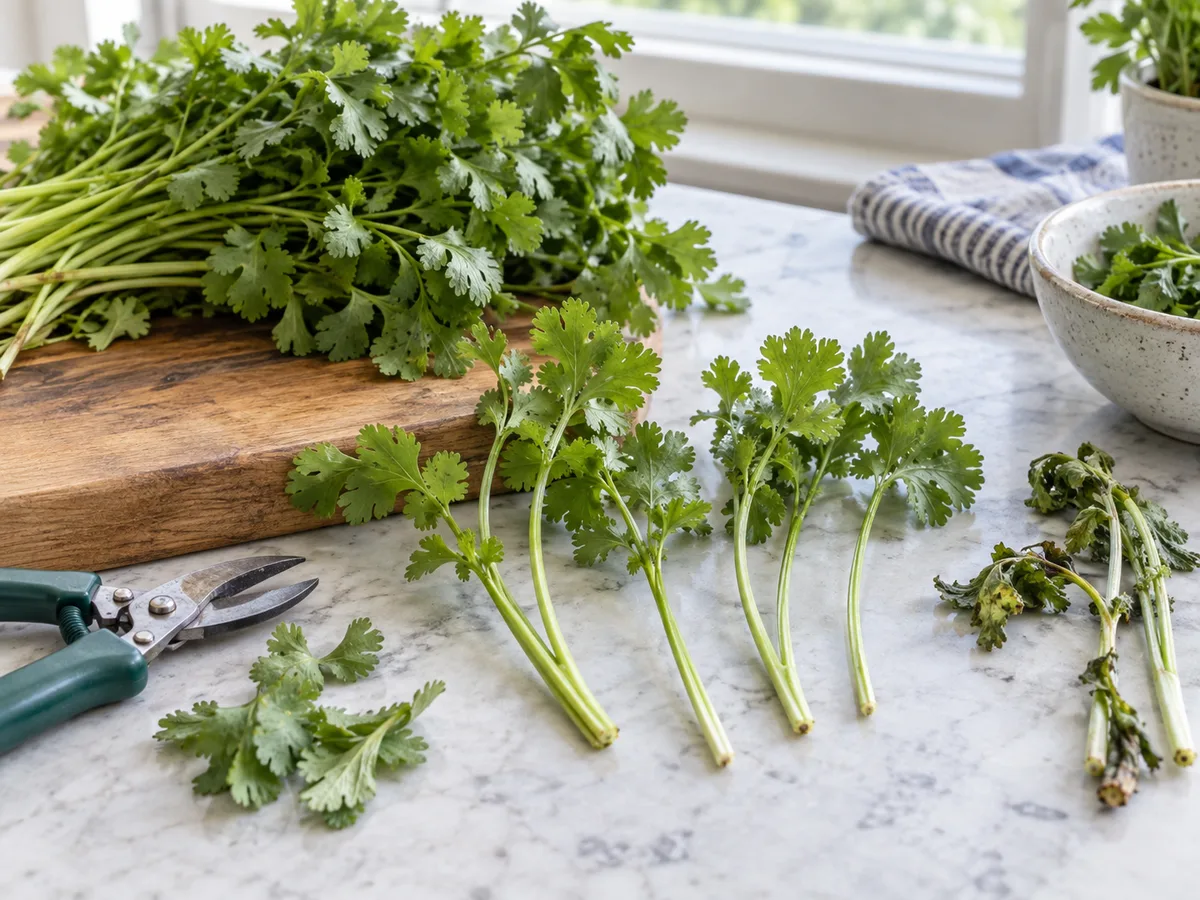 Fresh cilantro stems prepared for water propagation, with lower leaves removed