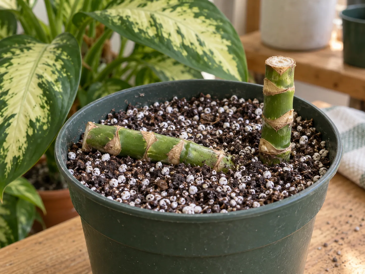 Dieffenbachia cane sections with visible leaf-scar nodes set upright and sideways in damp, airy propagation mix
