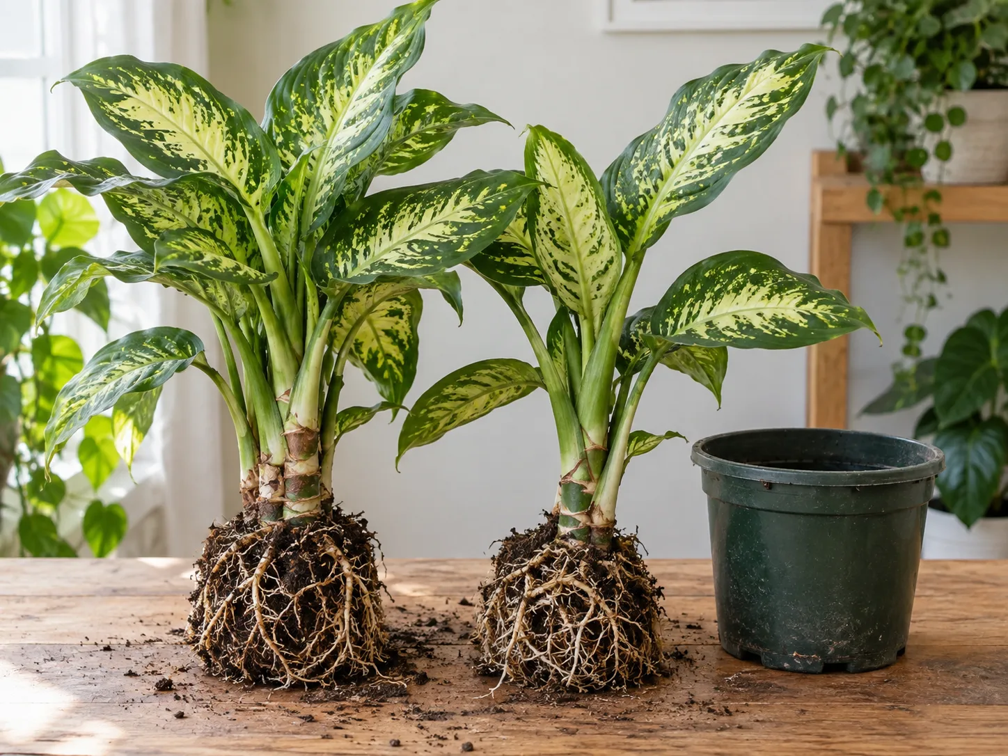 Two Dieffenbachia stems separated with their own intact root balls, ready to pot as divisions