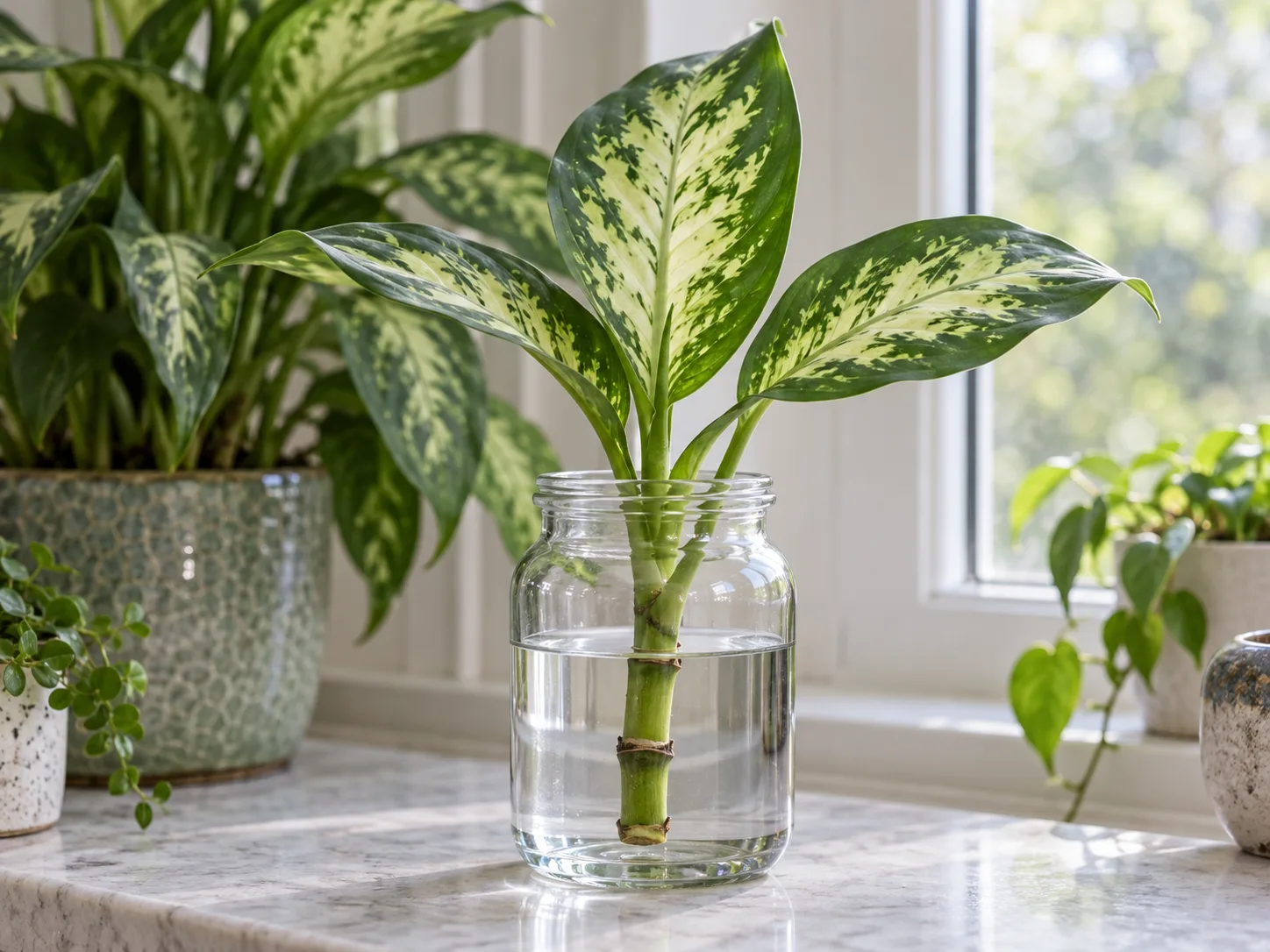 Leafy Dieffenbachia tip cutting with its lower stem node submerged in a clean glass of water
