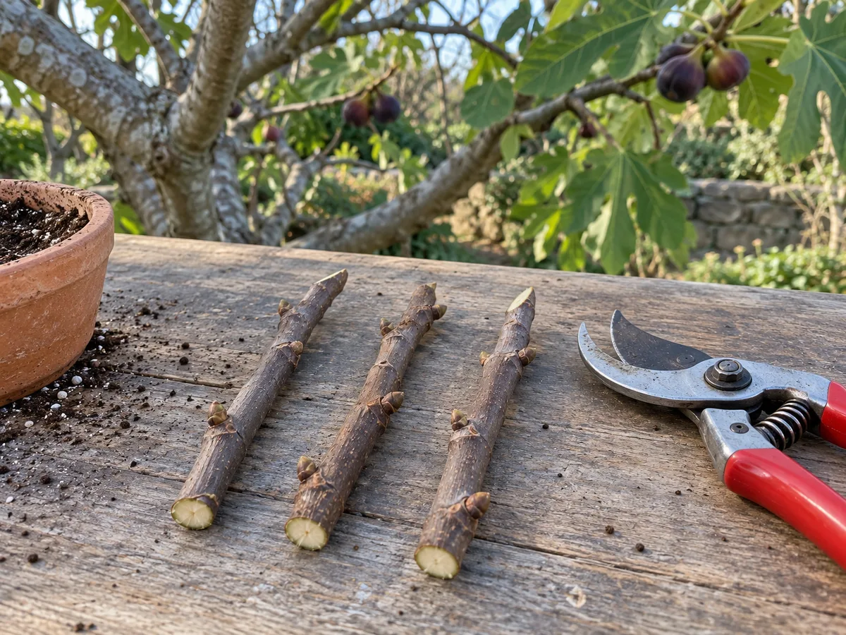 Dormant fig stems with visible buds prepared for propagation beside clean pruning shears