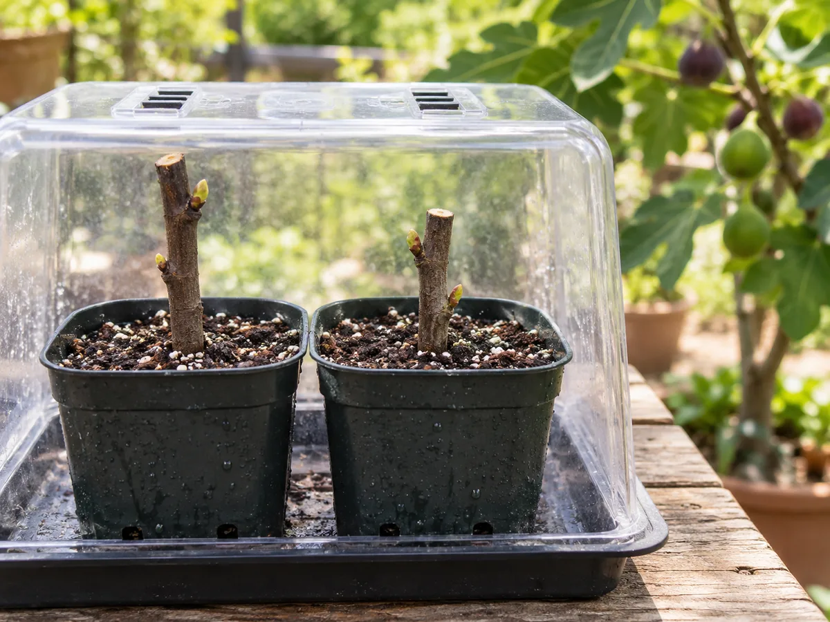 Newly planted dormant fig cuttings in pots beneath a ventilated clear cover