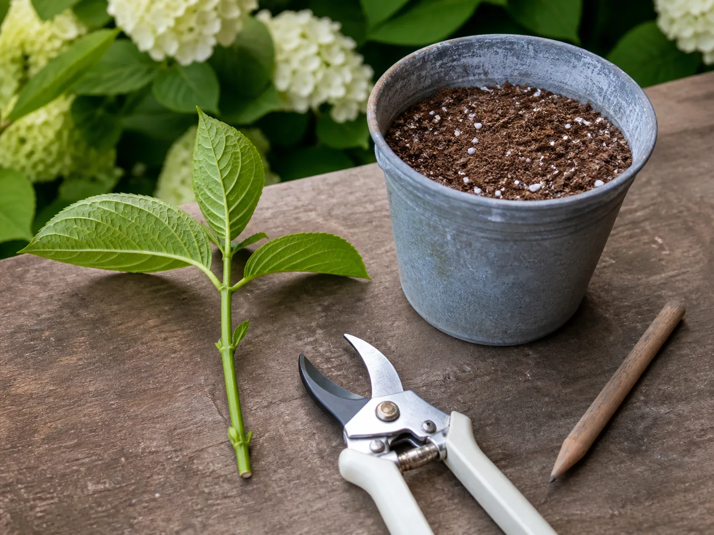 Prepared hydrangea softwood cutting with a leaf node beside fresh propagation mix