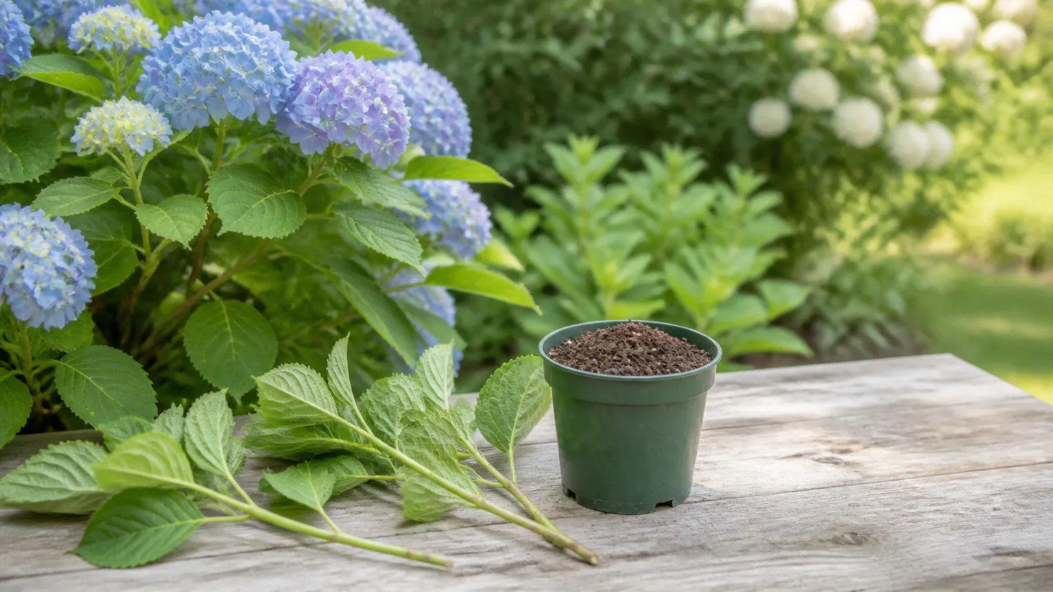 Hydrangea softwood cuttings and a pot of propagation mix beside a blooming shrub
