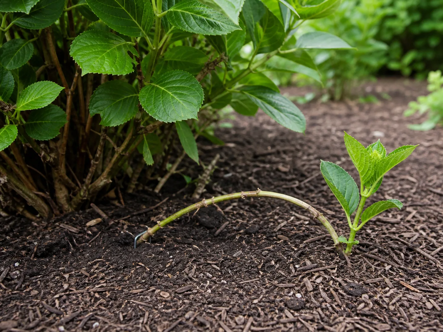 Flexible hydrangea branch layered into garden soil and held down while the leafy tip stays above ground