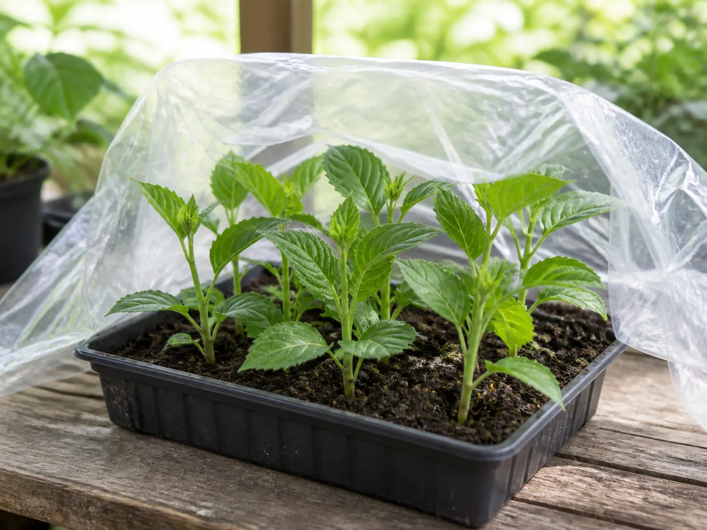 Hydrangea cuttings rooted in a moist propagation tray under a loose humidity cover