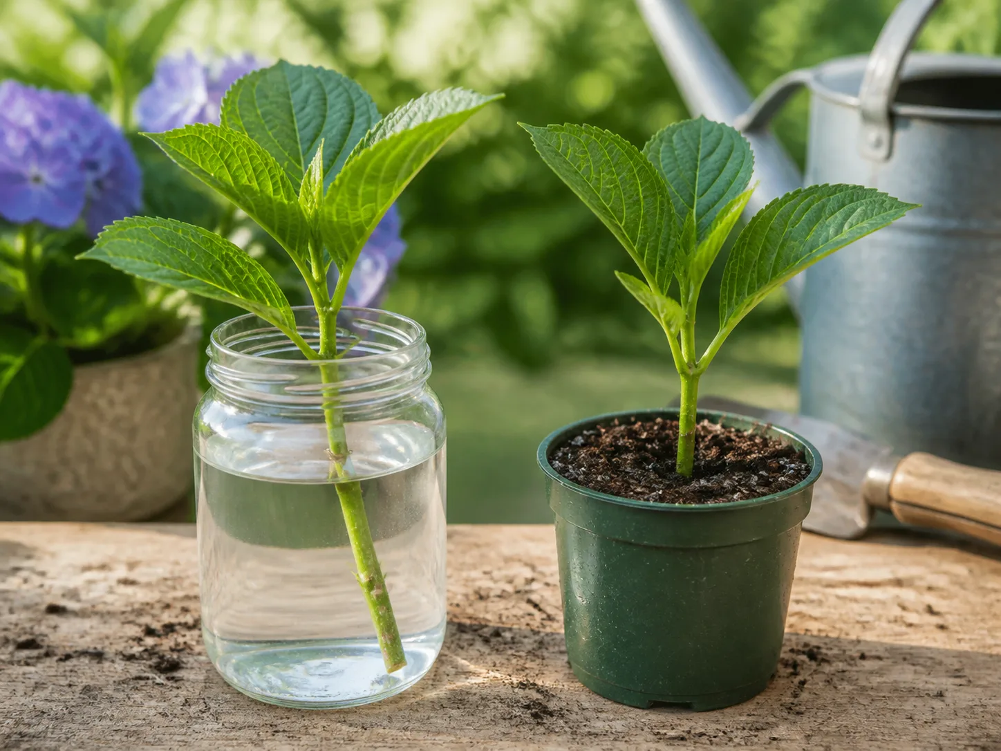 Hydrangea cuttings shown side by side in a water jar and a small pot of propagation mix
