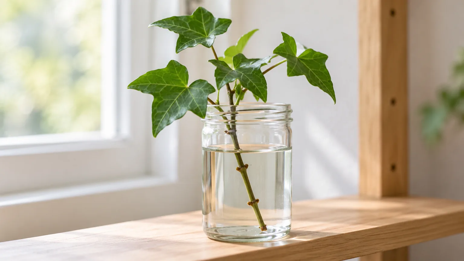 English ivy stem cutting with lower nodes beneath the waterline and leaves above a clear jar