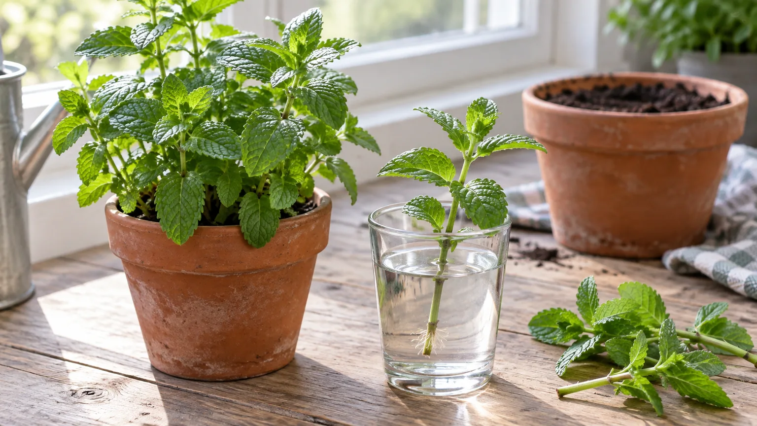 Potted mint and a fresh stem cutting rooting in a glass of water