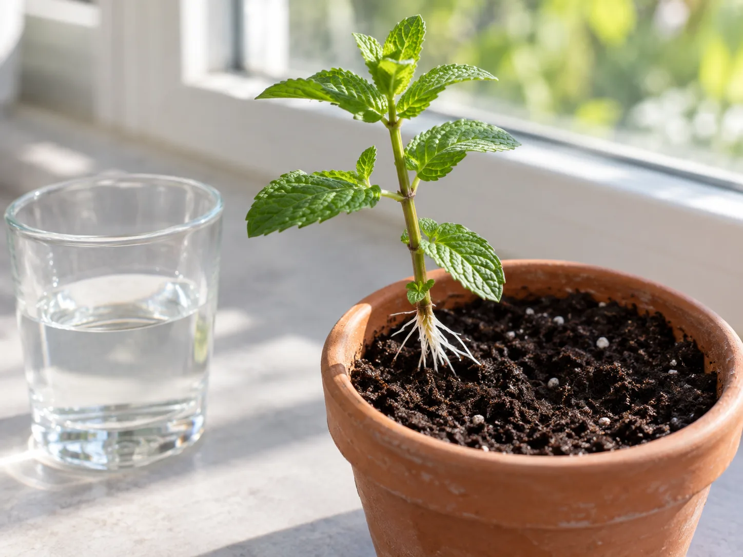 A rooted mint cutting established upright in a terracotta pot