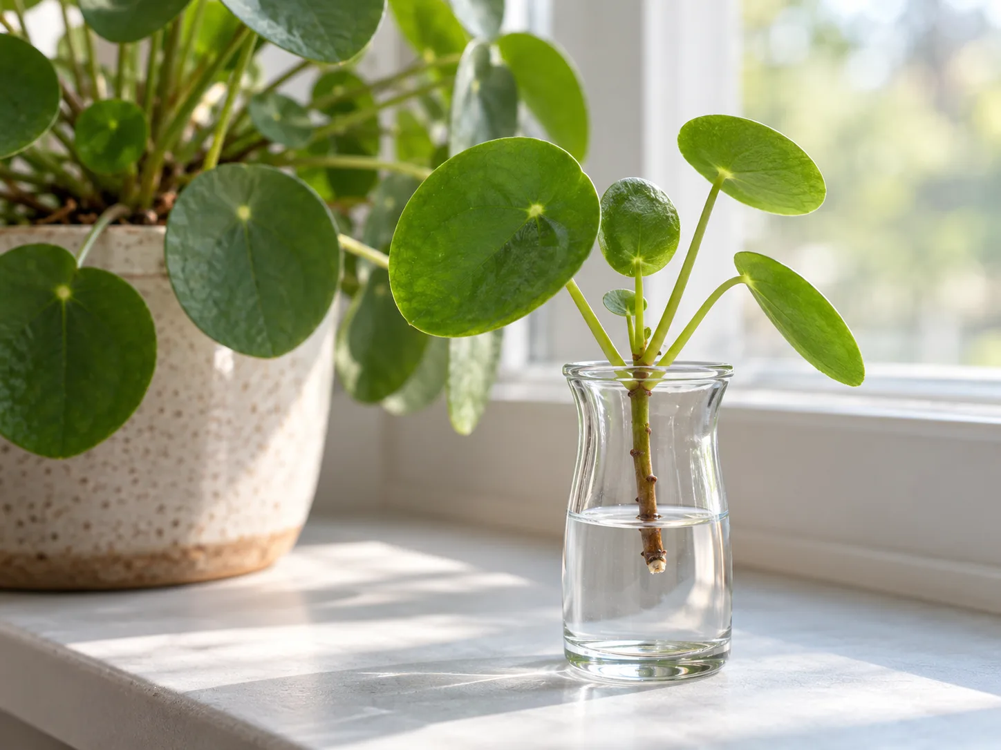 A stem-born Pilea pup rooting in a glass with its leaves above the waterline.