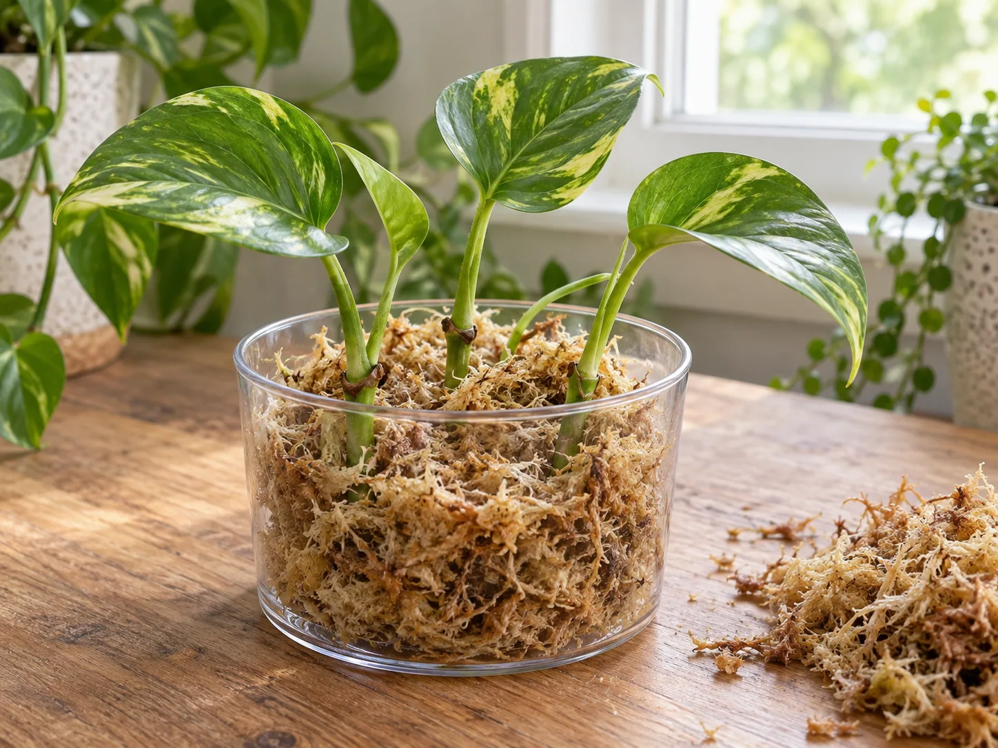 Pothos stem cuttings rooting in damp sphagnum moss, with the leaves kept above the medium.