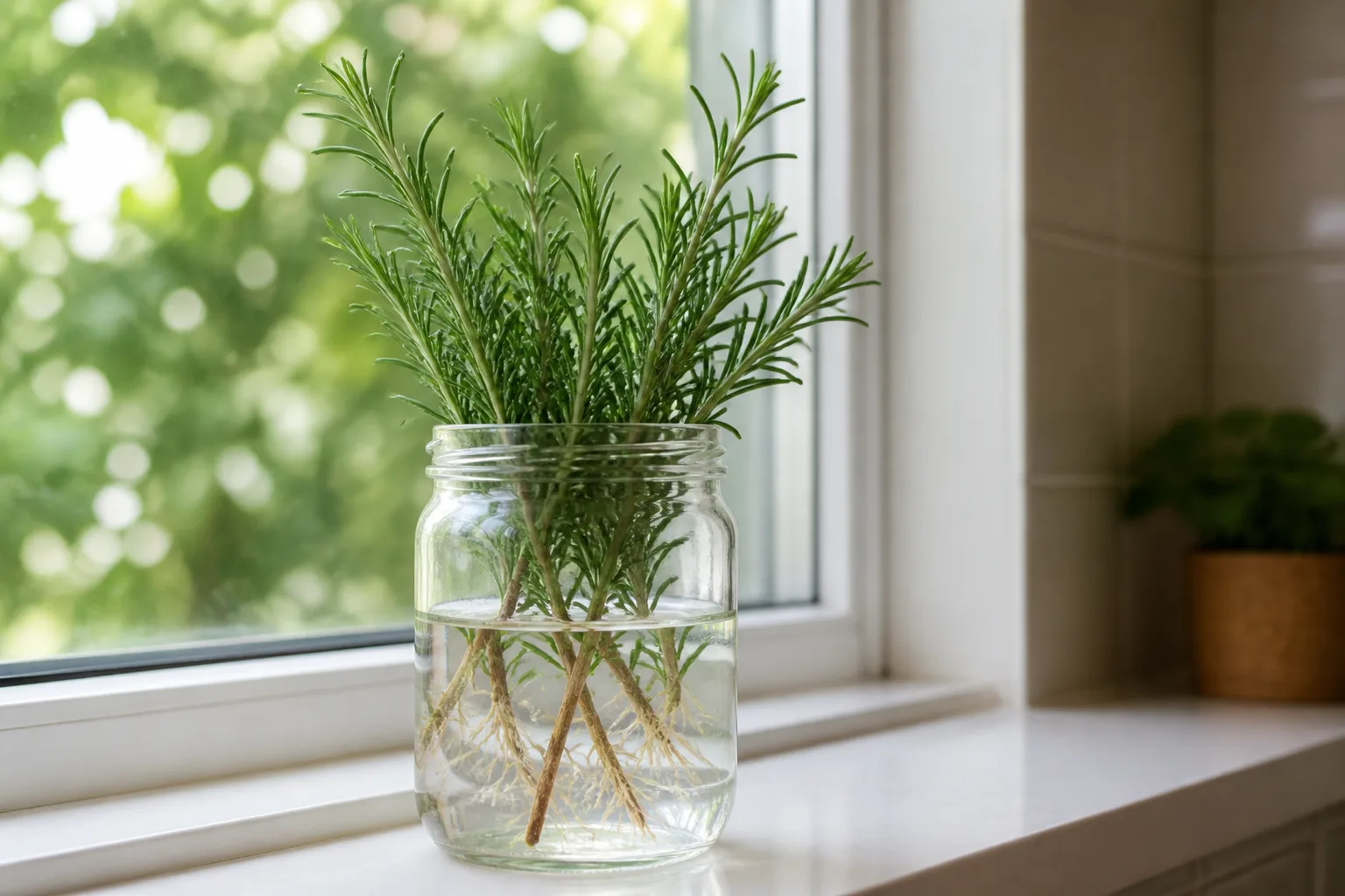 Rosemary cuttings rooting in a jar beside a bright window