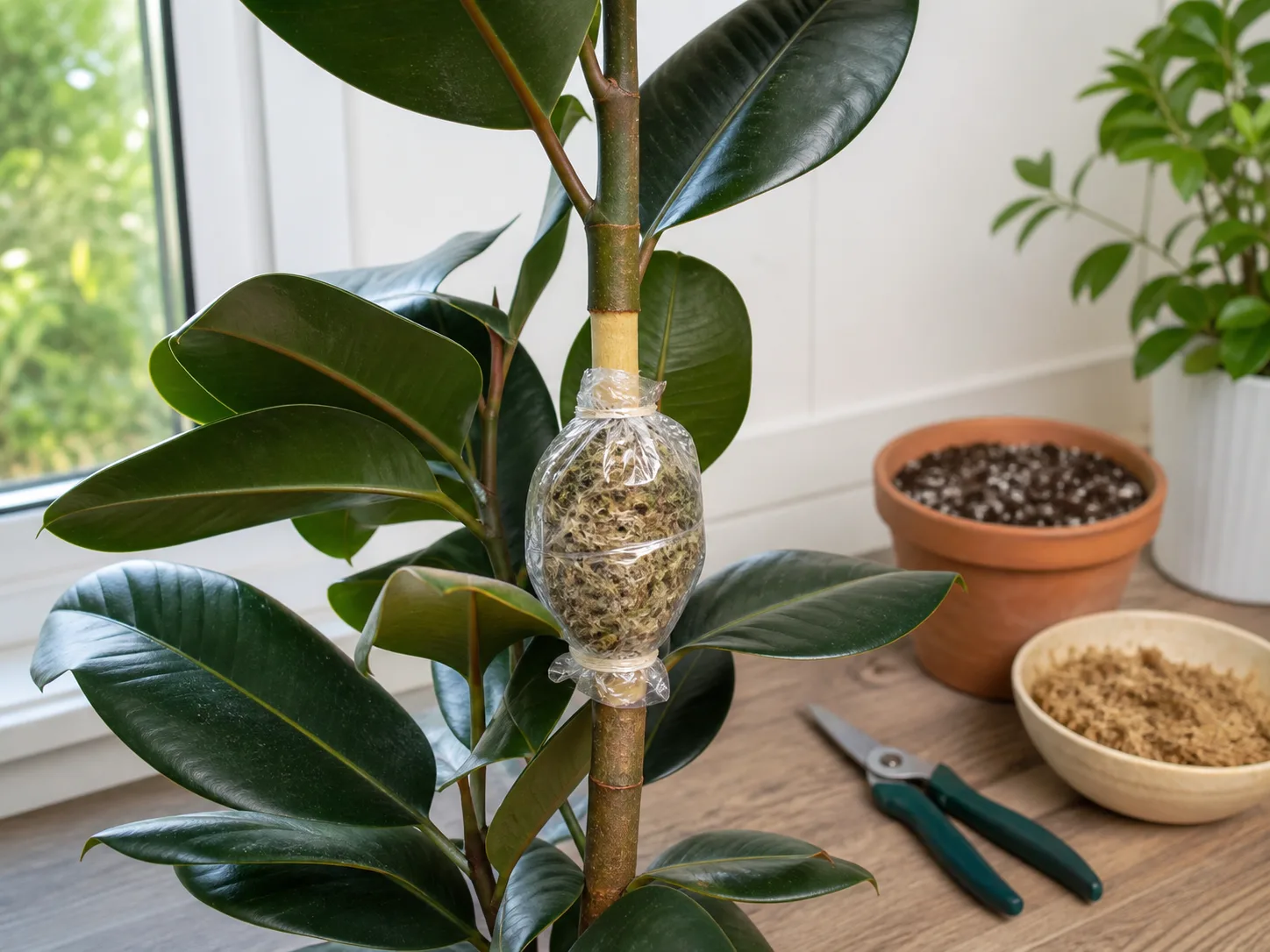 Air-layering a rubber plant stem with damp sphagnum moss wrapped in clear plastic